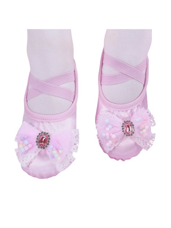 Ballet Shoes for Girls Comfort Stretch Bow Round Toe Split Sole Princess Shoes with Cross Elastic Straps Lightweight Slip On Gymnastics Training Dance Shoes