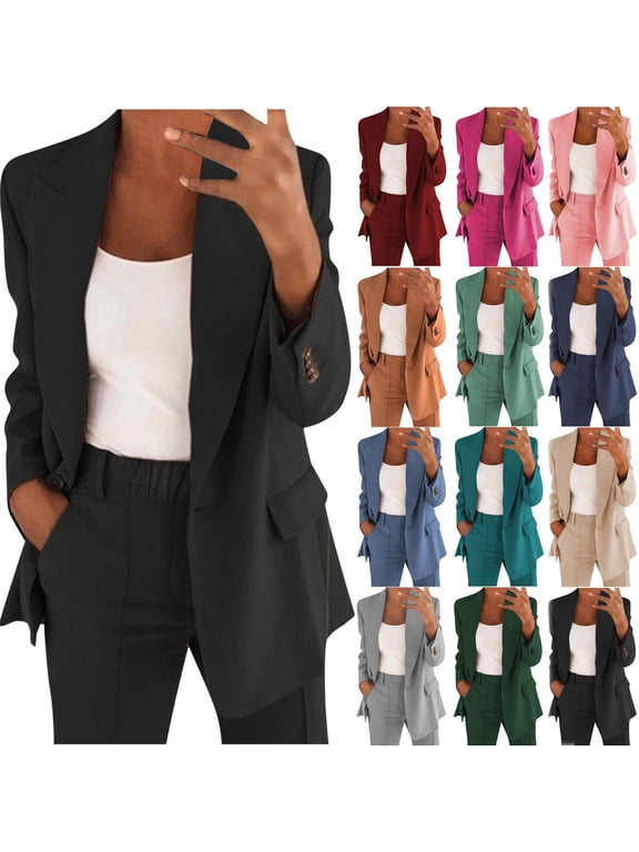 Blazer Sets Women 2 Piece Outifits Open Front Lapel Blazer Jackets and Long Dress Pants Elegant Business Casual Office Suit Sets