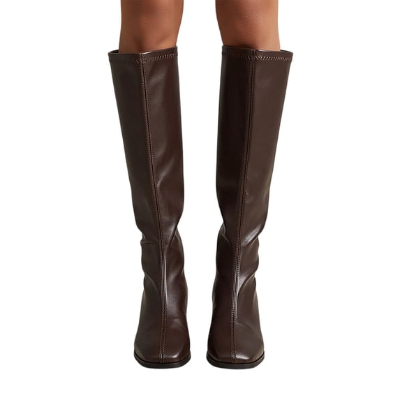 Purcolt Booties for Women Vintage Trendy PU Leather Round Toe Block Heel Thick Sole Riding Tall Boots Comfort Casual Slip-on Mid-Calf Boots with Back Zip