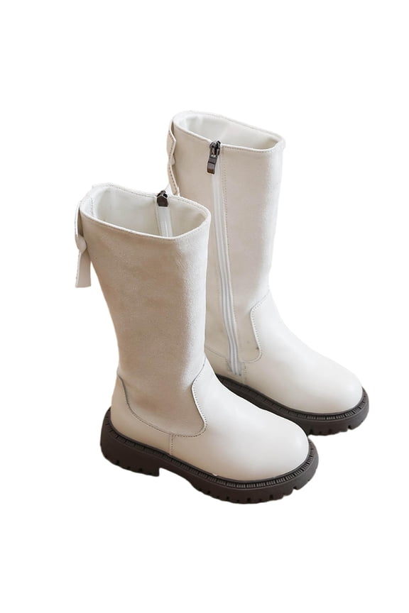 Bow Booties for Girls Soft Cute Round Toe Non Slip Block Heel Long Boot Dressy Casual High Calf Boots with Zipper,4-11Y