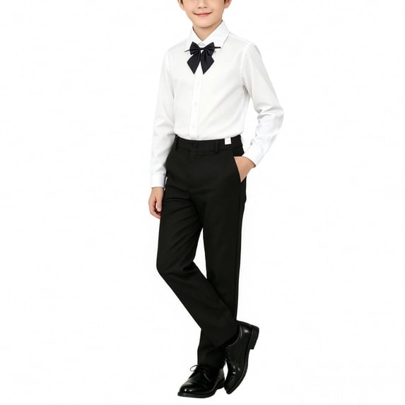 Purcolt Boys 3 Piece Formal Matching Set Dressy Casual Long Sleeve Point Collar Shirt Black Pocket Dress Pants with Necktie or Bow Tie for 2-15Years