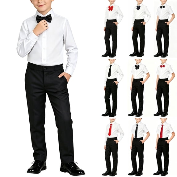 Purcolt Boys 3 Piece Formal Matching Set Dressy Casual Long Sleeve Point Collar Shirt Black Pocket Dress Pants with Necktie or Bow Tie for 2-15Years