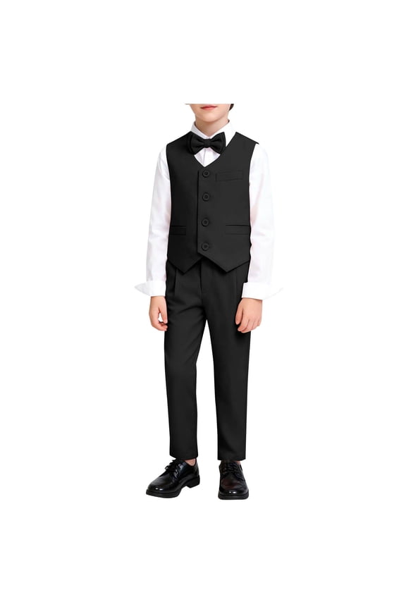 Boys 3 Piece Suit Sets Dressy Kids Vest and Dress Pant with Bow Tie Outfit Formal Slim Fit Dresswear for Tuxedo Prom Wedding