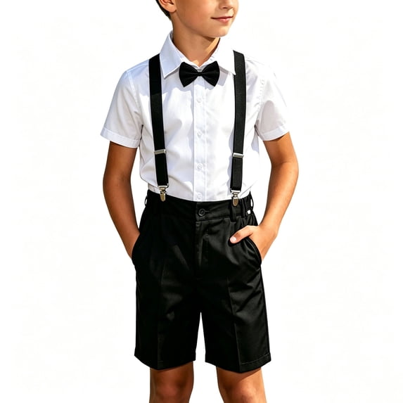 Purcolt Boys 4 PC Formal Outfit Sets Lightweight Collared Short Sleeve Adjustable Suspender Shorts Comfort Breathable Loose Fit Matching Suit Set With Tie Bow for 2-15Years