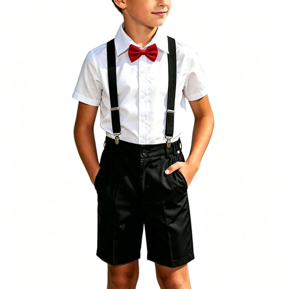 Purcolt Boys 4 PC Formal Outfit Sets Lightweight Collared Short Sleeve Adjustable Suspender Shorts Comfort Breathable Loose Fit Matching Suit Set With Tie Bow for 2-15Years