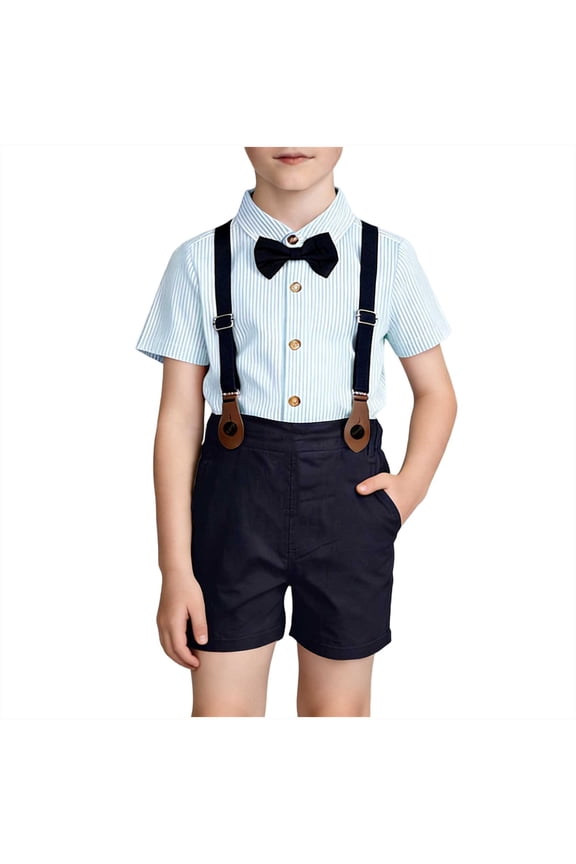 Boys Formal 4 Piece Sets Summer Dressy Gentleman Outfit Cute Soft Short Sleeve Bowtie Shirt and Suspender Shorts Suit for Party Wedding, 1-15Y