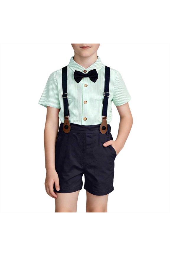 Boys Formal 4 Piece Sets Summer Dressy Gentleman Outfit Cute Soft Short Sleeve Bowtie Shirt and Suspender Shorts Suit for Party Wedding, 1-15Y