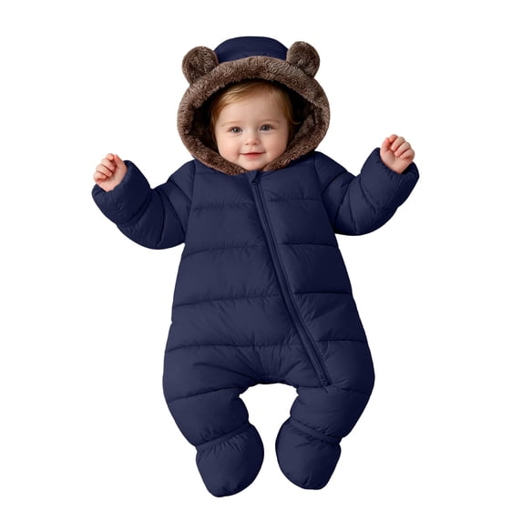 Purcolt Boys and Girls Fleece Lined Hooded Snowsuit Full Zip Up Quilted One Piece Winter Jumpsuit Thick Padded Wind‑Resistant Foot‑Covered Romper Outfit for 6Months-3Years
