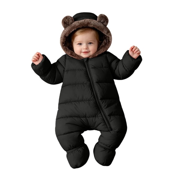 Purcolt Boys and Girls Fleece Lined Hooded Snowsuit Full Zip Up Quilted One Piece Winter Jumpsuit Thick Padded Wind‑Resistant Foot‑Covered Romper Outfit for 6Months-3Years
