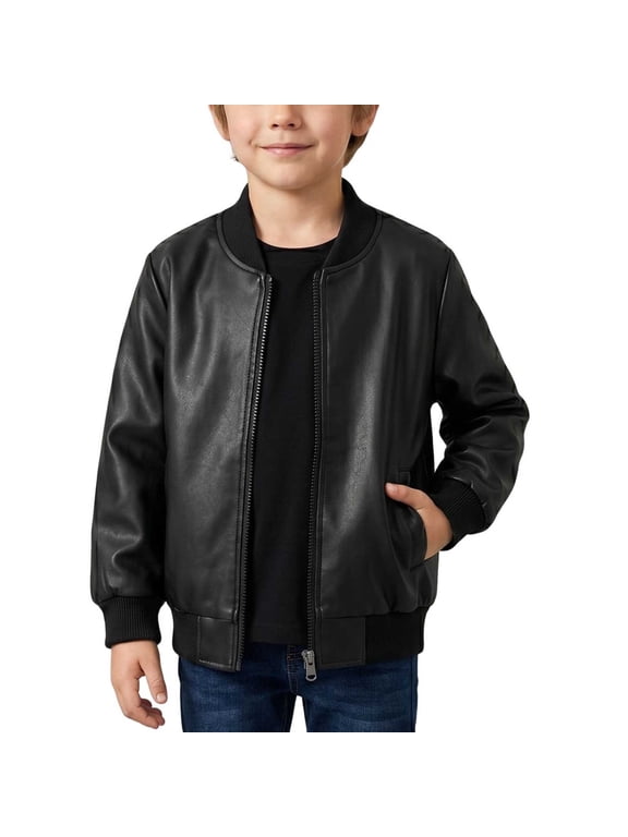 Boys PU Leather Bomber Jackets Vintage Casual Ribbed Collared Cuff Zip Up Biker Coats Comfort Loose Fit Outerwear for 2-9 Years