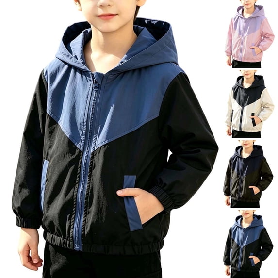Purcolt Boys' Waterproof Rain Jacket Lightweight Comfort Color Block Fll Zipper Outdoor Recreation Thick Fall Coat Hooded Raincoats with Pockets for 1-9Y