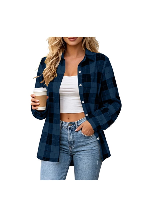 Button Down Shirts for Womens Dressy Casual Flannel Plaid Collared Long Sleeve Blouses Comfort Slim Fit Tunic Tops Fall Winter Work Office Coat Jackets