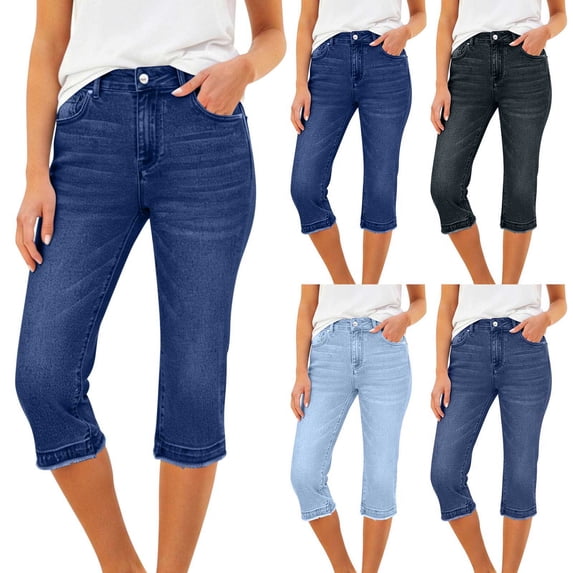 Purcolt Capri Jeans for Women Trendy Mid Rise Distressed Hem Casual Summer Stretchy Denim Capris Pants Loose Fit