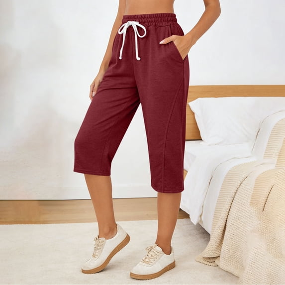 Purcolt Capri Pants for Women Elastic Drawstring High Waisted Cropped Jogger Pants Casual Loose Sweatpants with Pockets