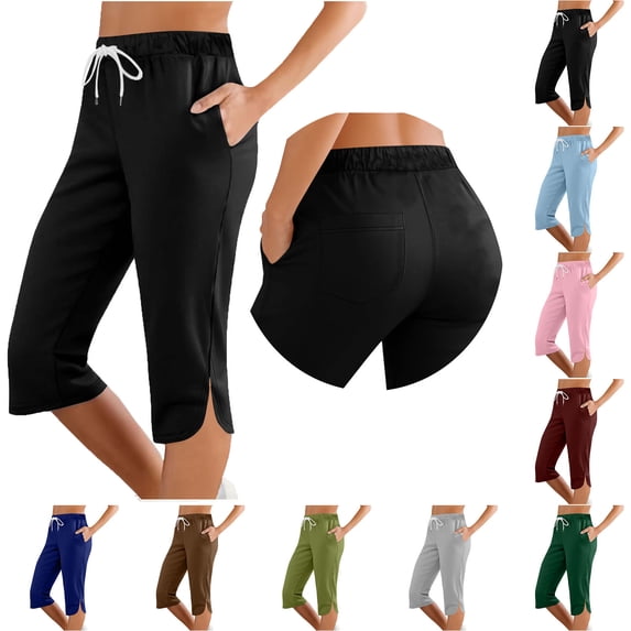 Purcolt Capri Pants for Women Elastic Waist Drawstring Stretchy Pant Side Split Summer Casual Lounge Capris with Pockets