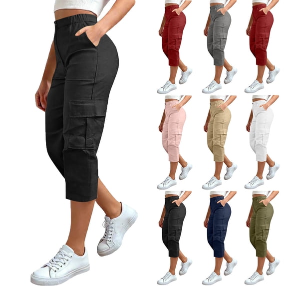 Purcolt Cargo Capris for Women Elastic Waist Lightweight Summer Casual Travel Hiking Cargo Capri Pants with 4 Pockets
