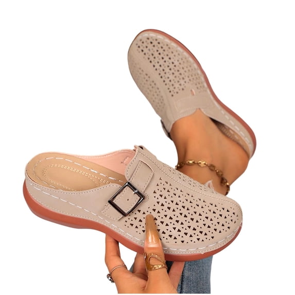 Purcolt Clogs for Women Comfortable Casual Hollow-out PU Leather Closed Round Toe Arch Support Slip On Flat Shoes Lightweight Memory Foam House Shoes with Buckle