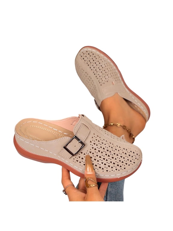 Clogs for Women Comfortable Casual Hollow-out PU Leather Closed Round Toe Arch Support Slip On Flat Shoes Lightweight Memory Foam House Shoes with Buckle