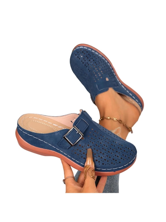 Clogs for Women Comfortable Casual Hollow-out PU Leather Closed Round Toe Arch Support Slip On Flat Shoes Lightweight Memory Foam House Shoes with Buckle