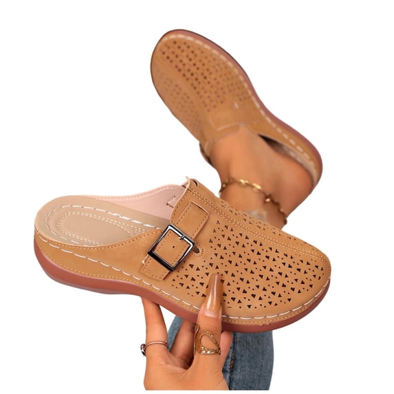 Purcolt Clogs for Women Comfortable Casual Hollow-out PU Leather Closed Round Toe Arch Support Slip On Flat Shoes Lightweight Memory Foam House Shoes with Buckle