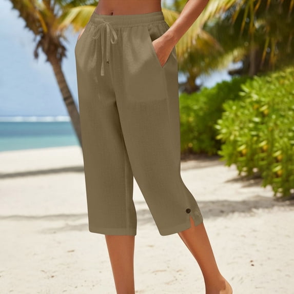 Purcolt Cotton Capri Pants for Women Loose Fit Straight Leg Drawstring Elastic Waist Summer Casual Cropped Pants