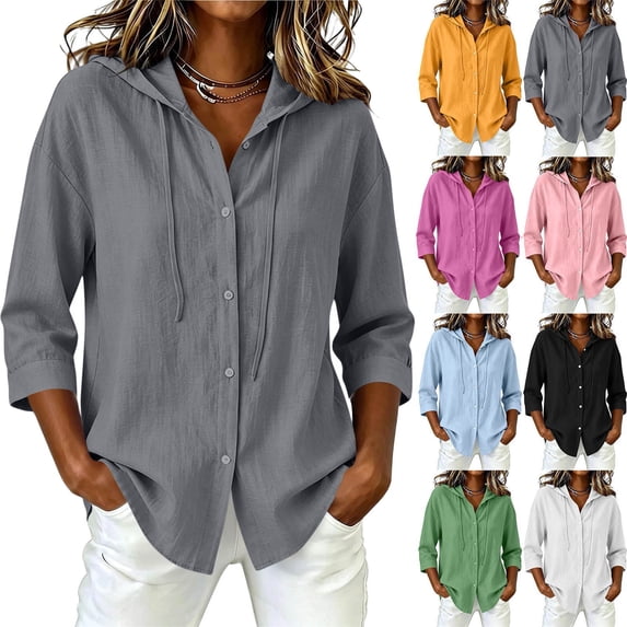Purcolt Cotton Linen Hoodies for Women Button Down Sun Protection Tops Casual Summer Collared Beach Vacation Gauze Blouses