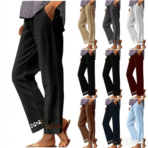 Purcolt Cotton Linen Pants Women Elastic High Waisted Straight Leg Lounge Pants Casual Slacks Summer Trousers with Pockets