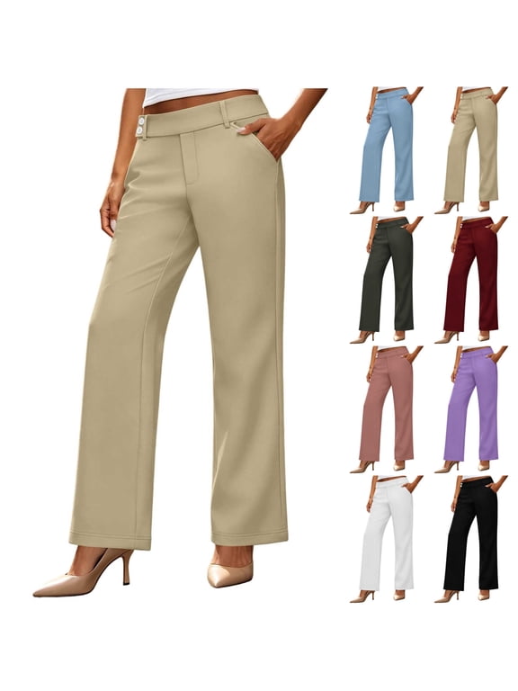 Dress Pants for Womens Dressy Casual High Waist Straight Leg Trousers Comfort Loose Fit Business Work Office Pants With Side Pockets