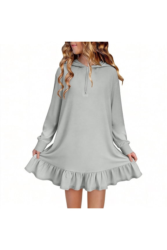 Dresses for Girl Comfortable Half Zipper Long Sleeve Shirt Dress Soft Casual Loose Fit Ruffle Hem Hooded A-line Dress