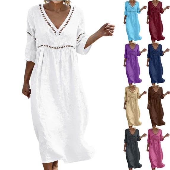 Purcolt Dresses for Women 3/4 Sleeve Casual Eyelet V Neck Loose Flowy Summer Beach Midi Dresses with Pockets