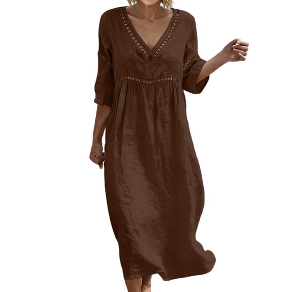 Purcolt Dresses for Women 3/4 Sleeve Casual Eyelet V Neck Loose Flowy Summer Beach Midi Dresses with Pockets