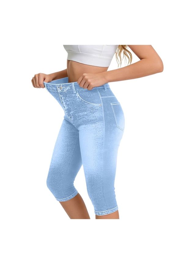 Faux Denim Capri Pants for Women High Waisted Stretchy Jean Capris Pull on Jeggings Casual Denim Capri Leggings