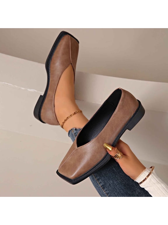 Flats for Women Trendy Casual PU Leather V-Cut Square Toe Slip On Ballet Shoes Lightweight Comfort Soft Sole Dress Shoes for Walking Work Office