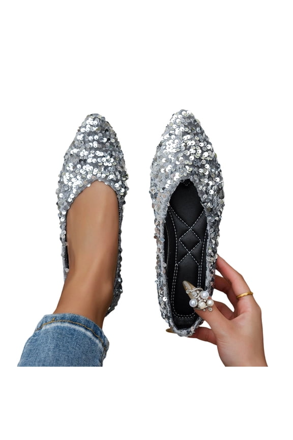 Flats for Women Sparkly Sequin Pointed Toe Shallow Mouth Ballet Flats Comfortable Glitter Slip On Dress Shoes for Office Work Walking