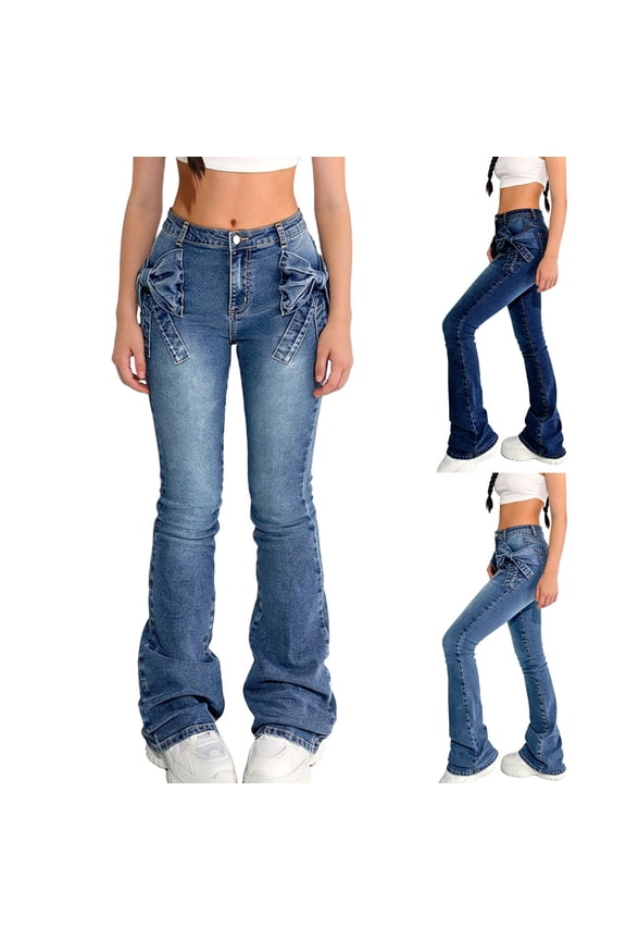 Girl's Flared Jeans Vintage Cute Side Bow High Waist Slim Fit Skinny Stretchy Jeans Straight Leg Bell Bottom Denim Pants, 6-13 Years