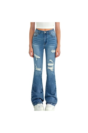 Girl's Ripped Flared Jeans High Waist Slim Fit Skinny Jeans Stretchy Straight Leg Denim Pants Age 6-13