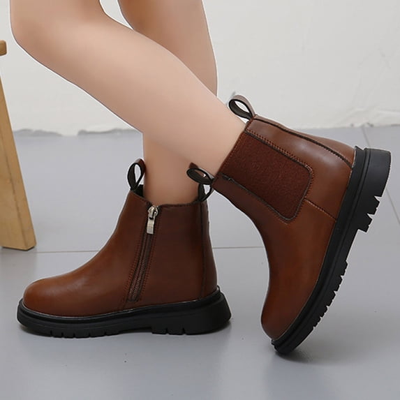 Purcolt Girls Ankle Bootie Comfortable Round Toe Double Elastic Gore Slip On Chunky Sole Short Boot Casual Outdoor Dress Shoes,4-11Y