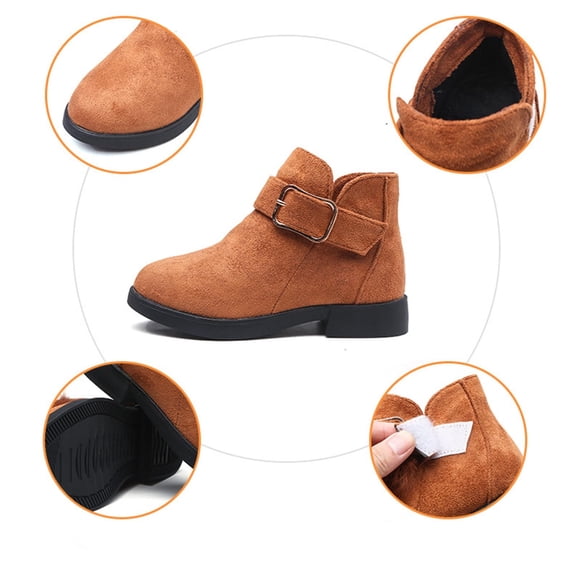 Purcolt Girls Faux Suede Ankle Boots Lightweight Casual Round Toe Thick Sole Flats with Buckle Strap Comfort Non Slip Low Block Heel Short Booties