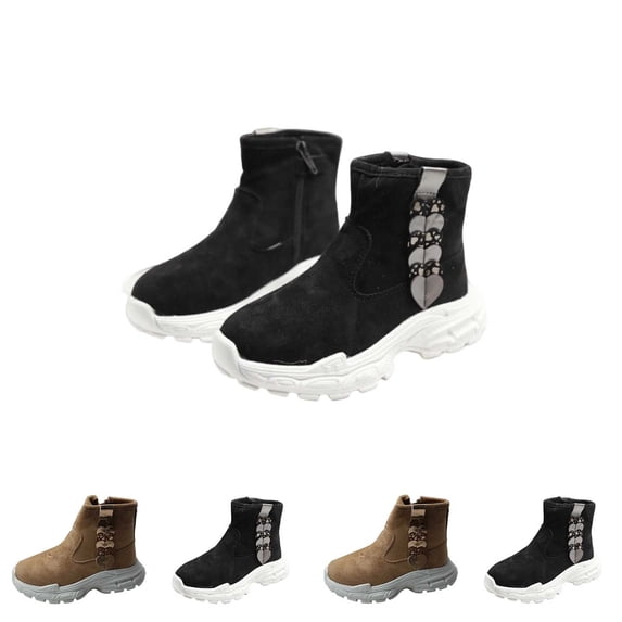 Purcolt Girls Fleece Lined Snow Booties Lightweight Casual Heart Decoration Round Toe Non-Slip Thick Sole Ankle Boots Comfort Slip-on Warm Flat Shoes with Side Zipper