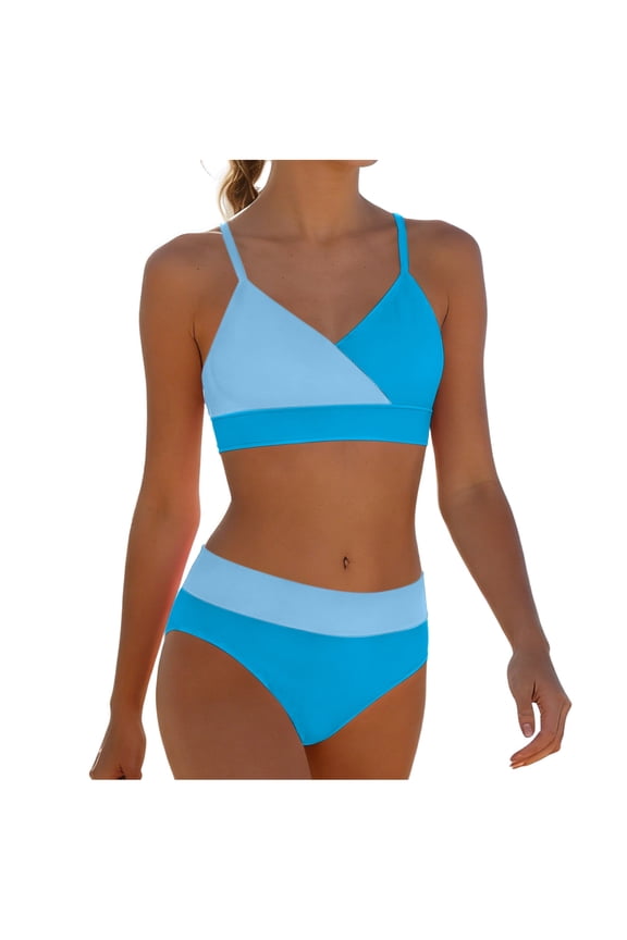 Girls High Waisted Bikini Sets 2 Piece Color Block Swimsuits V Neck Adjustable Straps Bathing Suits Swimwear for Girl 5-16Y