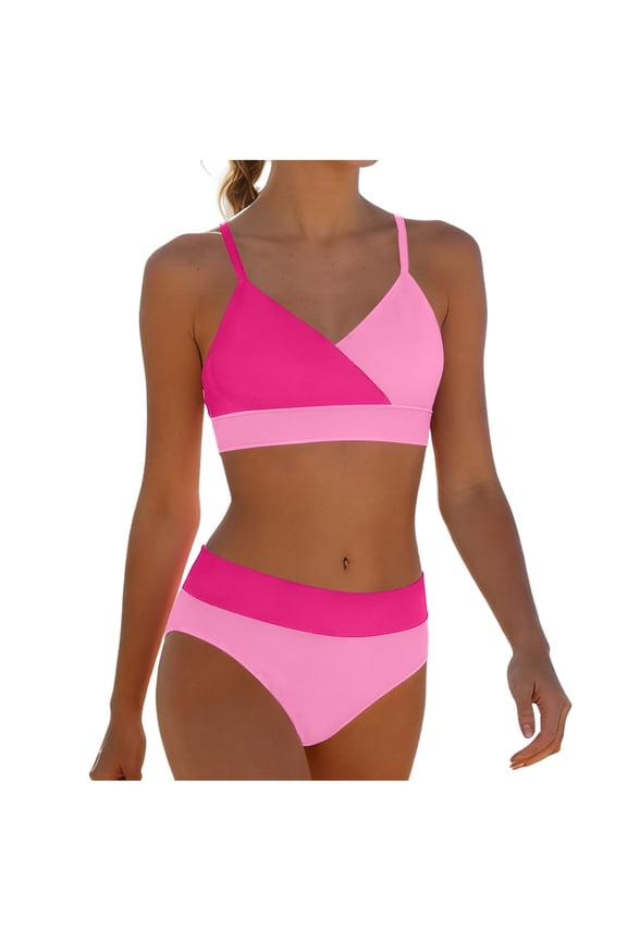 Girls High Waisted Bikini Sets 2 Piece Color Block Swimsuits V Neck Adjustable Straps Bathing Suits Swimwear for Girl 5-16Y