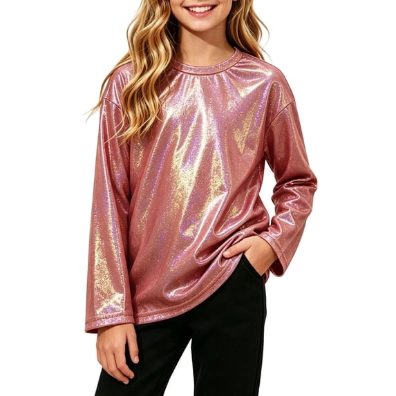 Purcolt Girls Metallic Shiny Long Sleeve T-Shirt Kids Sparkly Crew Neck Loose Fit Casual Top Party Performance Costume Tees, Size 2-15 Years