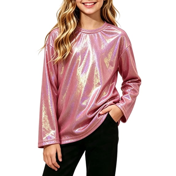 Purcolt Girls Metallic Shiny Long Sleeve T-Shirt Kids Sparkly Crew Neck Loose Fit Casual Top Party Performance Costume Tees, Size 2-15 Years