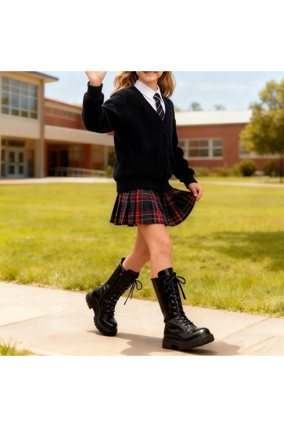 Girls PU Leather Lace Up Long Boots Comfort Round Toe Chunky Heels Riding Boots Dressy Casual Non Slip Booties with Side Zipper, 4-11Y