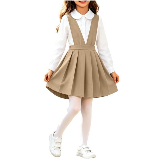 Purcolt Girls School Uniform Jumper Dress Sleeveless V-Neck Pleated Knee Length Suspender Overall Dress for Kids 2-10 Years