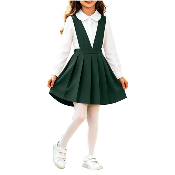 Purcolt Girls School Uniform Jumper Dress Sleeveless V-Neck Pleated Knee Length Suspender Overall Dress for Kids 2-10 Years
