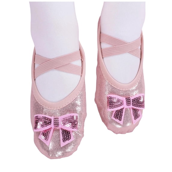 Purcolt Girls Shiny Metallic Sequin Bow Ballet Shoes Comfort Stretch Split Sole Cross Elastic Straps Dance Shoes Lightweight Slip On Gymnastics Training Slippers
