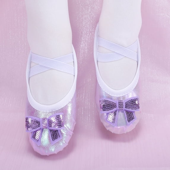 Purcolt Girls Shiny Metallic Sequin Bow Ballet Shoes Comfort Stretch Split Sole Cross Elastic Straps Dance Shoes Lightweight Slip On Gymnastics Training Slippers