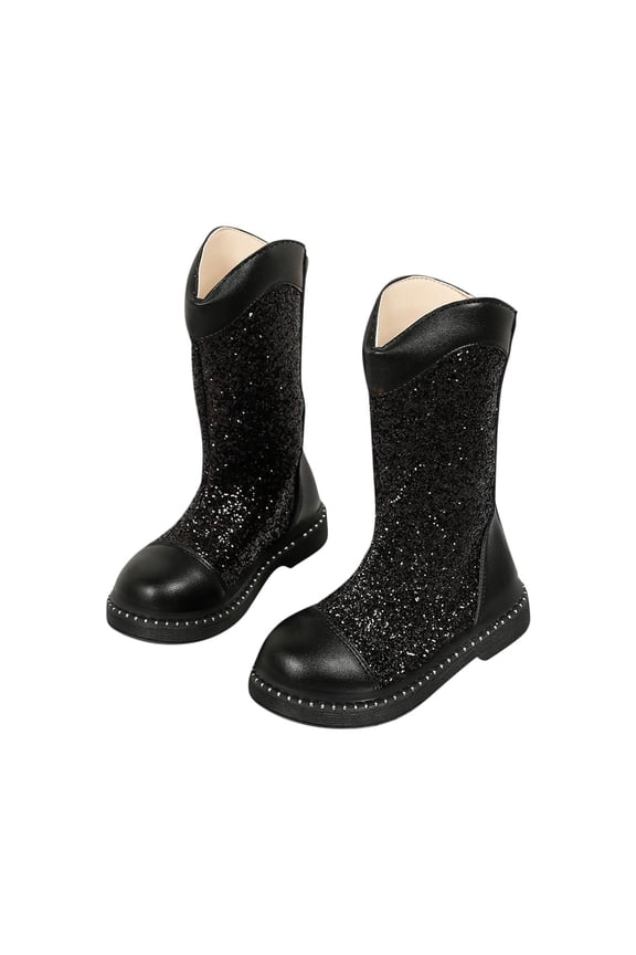 Girls Sparkly Sequin Booties Comfortable Round Toe Block Heel Short Booot Shiny Glitter Dress Mid Calf Boots with Back Zipper,3.5-11Y