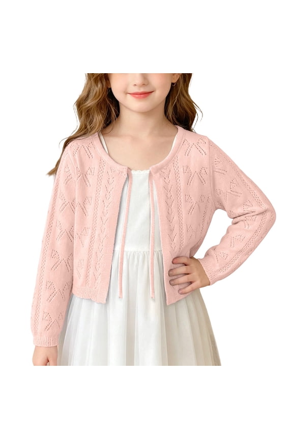 Girls Sweater Cardigan Comfort Cute Hollow Out Front Strap Crewnwck Long Sleeve Knit Shrug Casual Loose Fit Shawl Cover Ups for 12Months-9Years